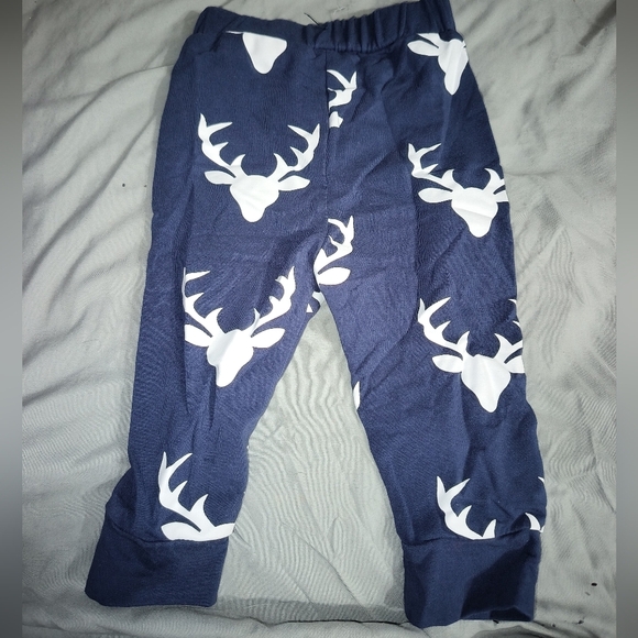 Boys 2T/24mo 2 piece outfit with hood. Gray and blue with white deer head prints - Picture 3 of 5